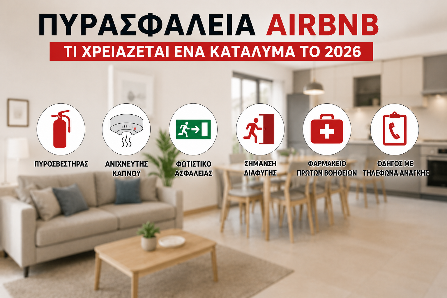 Πυρασφάλεια Airbnb με πυροσβεστήρα, ανιχνευτή καπνού, φωτιστικό ασφαλείας, σήμανση διαφυγής, φαρμακείο πρώτων βοηθειών και οδηγό με τηλέφωνα ανάγκης